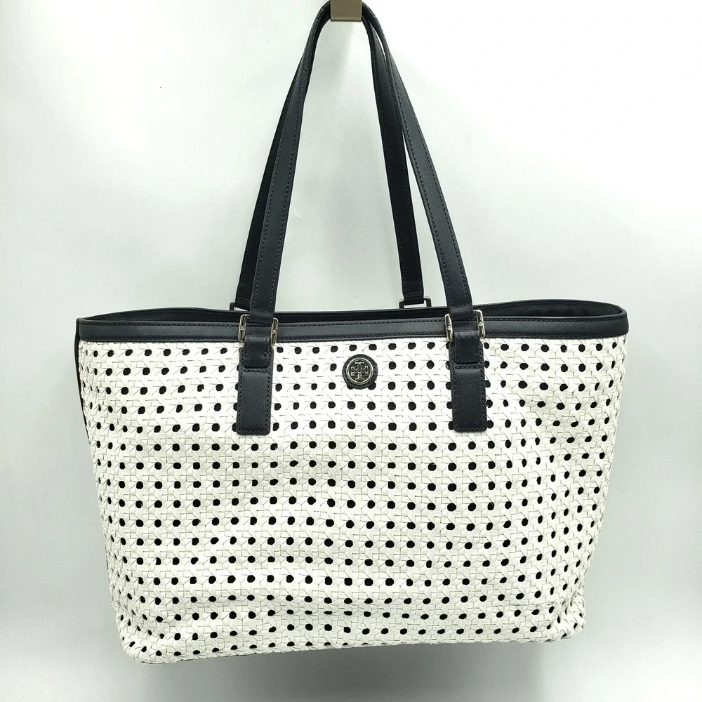 Tory Burch Robinson Basket Weave Tote Bag Woven Leather Cream Navy Blue Purse